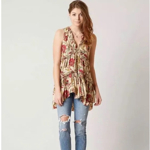 Free People Haze Floral Printed Tunic Tank Size Small Neutral Multi Hummingbird - Picture 3 of 9